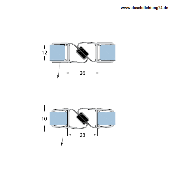 Magnetprofile 180°, (2x45°)10/12 mm Glas wird im Set 1xl & 1xR verkauft