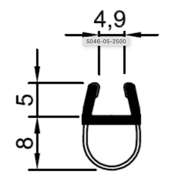 Musterprofil von Balgdichtung mit kurzer Glaseinstand für 6mm Glasstärke.